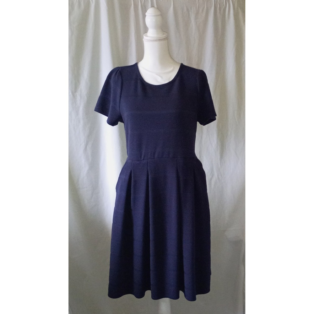 Draper James RSVP Preppy Navy Blue Textured Fit and Flare Pleated Dress Large